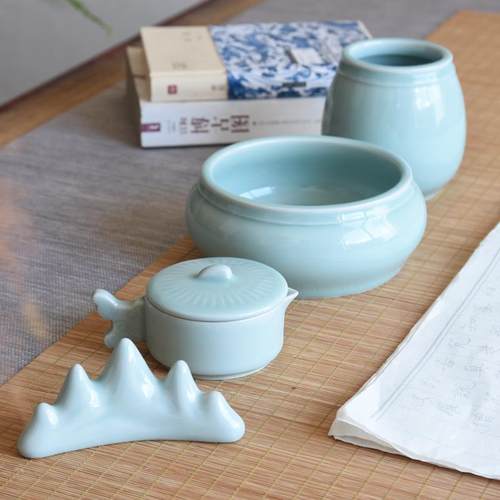 高档学文四特价包邮哥窑青瓷生房宝用品套装笔洗砚滴笔架笔筒书法