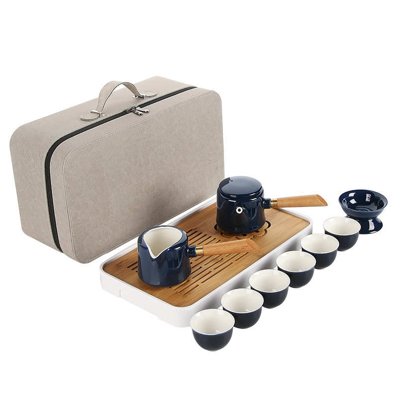 霁蓝双侧把壶旅行茶具套装茶盘便携家用茶壶户外办公陶瓷开业礼品