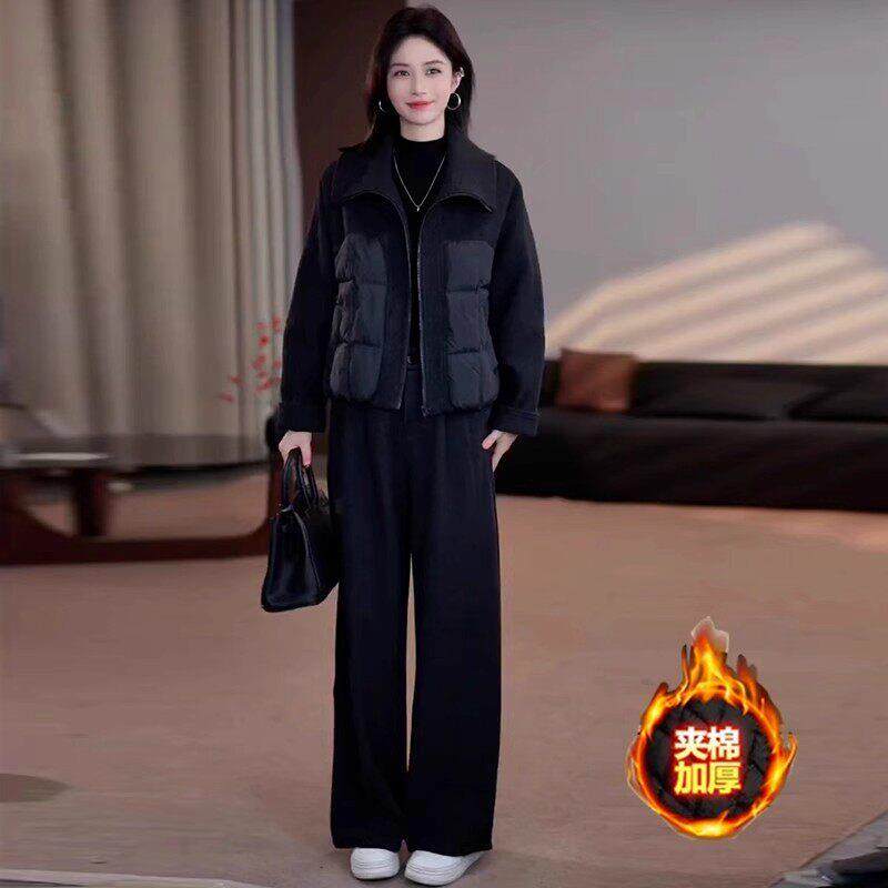 香港代购时尚棉服套装女冬季新款洋气质毛呢拼接外套阔腿裤两件套