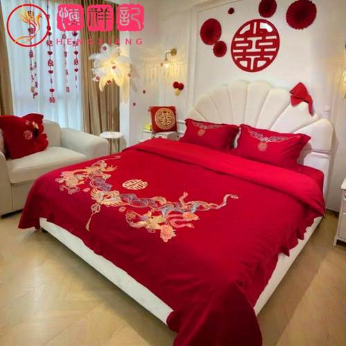 新婚刺绣龙凤被套婚庆大红喜被床单床笠婚庆陪嫁水洗棉四件套