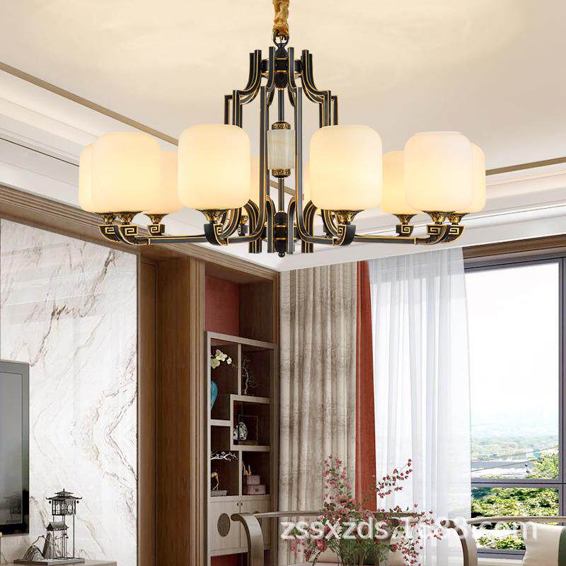 新中式全铜吊灯中国风餐厅灯简约客厅卧室铜灯古典书房天然云石灯