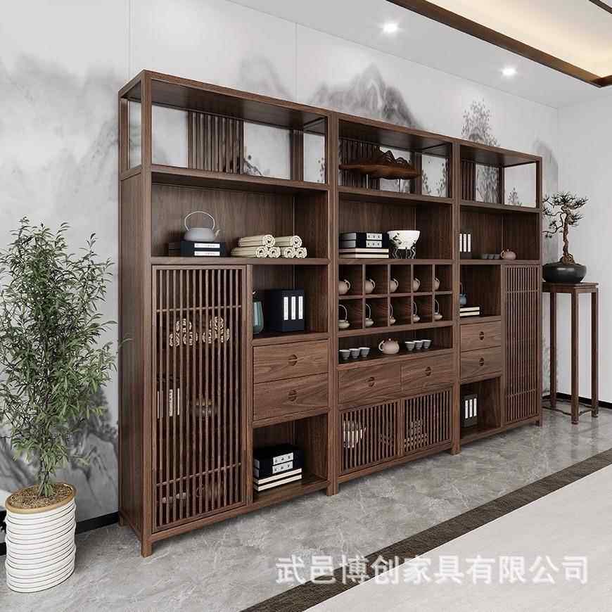 新中式博古架老榆木书柜组合办公室实木书架层架置物架茶室茶叶架
