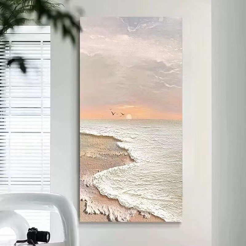 纯手绘立体油画抽象海景海浪玄关装饰画奶油风入户正对门高档壁画图片