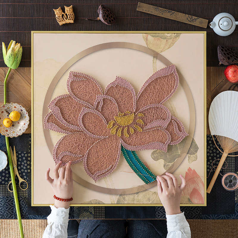 弦丝画diy手工制作材料包钉子画绕线画中式莲花送长辈节日礼物