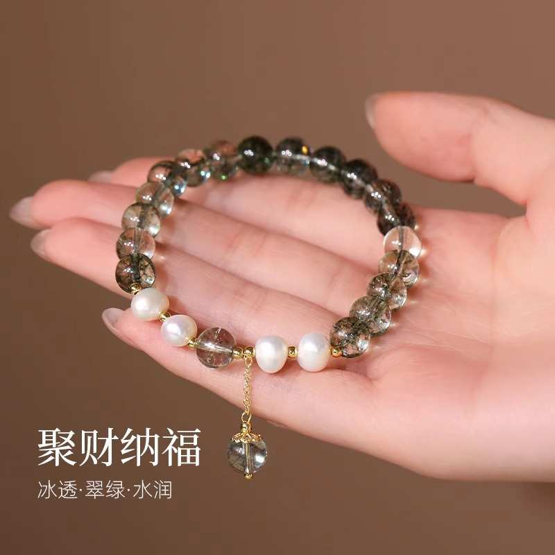 淡水珍珠新中式手链天然水晶绿幽灵手链清新时尚原创手串节日礼品