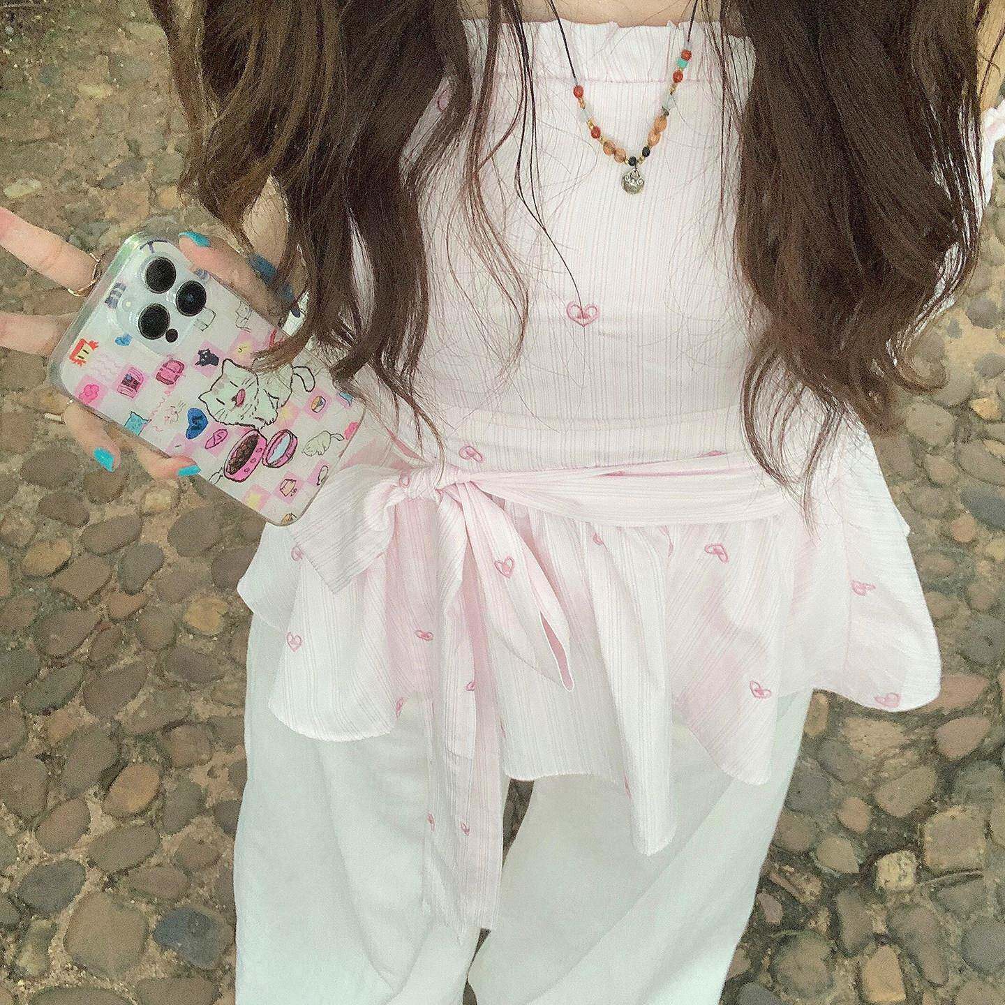 特别漂亮的掐腰粉色条纹抹胸上衣女夏系带收腰显瘦少女感露肩T恤
