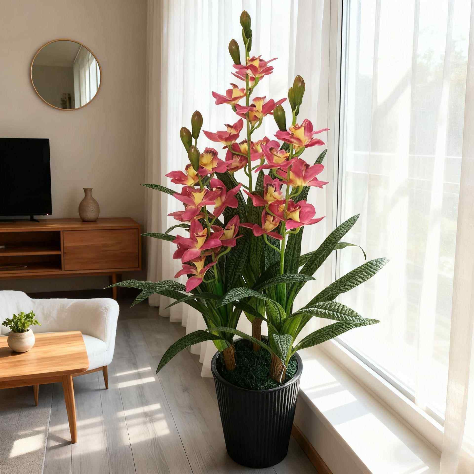 真花假花三杆仿18-ZY兰居装饰仿真蕙绿植客厅落地盆景室内塑料花