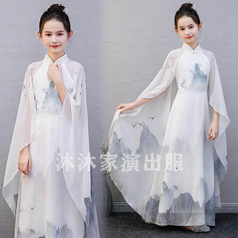 高档女童红色古民筝儿演出服奏中国风童弹古筝演出服中大童艺考乐图片