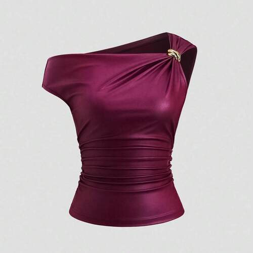Women's PU Fabric Sleeveless Vest & Ruched Shorts Set