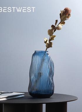 Best west 北欧烟蓝色不规则透明水培玻璃花瓶 家居客厅装饰花器