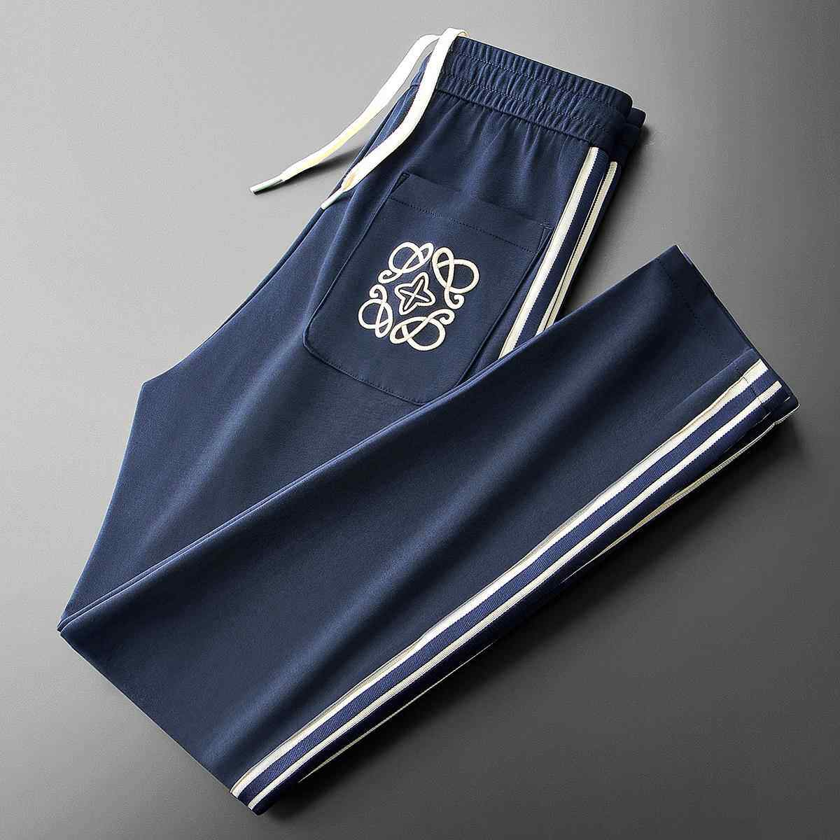 高级感裤子男春夏薄款潮流刺绣修身休闲 裤男撞色条纹直筒运动裤