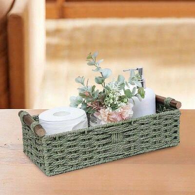 Braided Paper Cord Storage Basket Bin Multipurpose Green