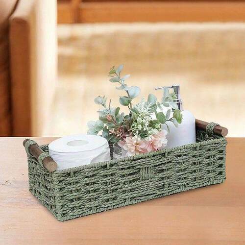 Braided Paper Cord Storage Basket Bin Multipurpose Green