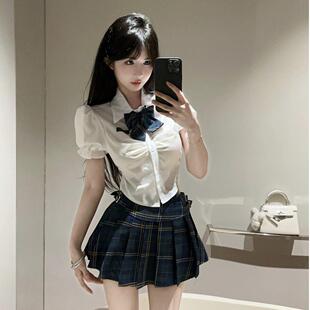 百褶裙健康中心美容院工作服 白衬衫 纯欲腰制服女式 领结短袖