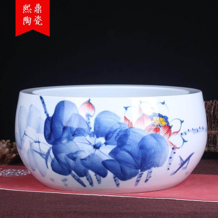 景德镇陶瓷鱼缸大号手绘青花瓷荷花聚宝盆水培植物缸摆件