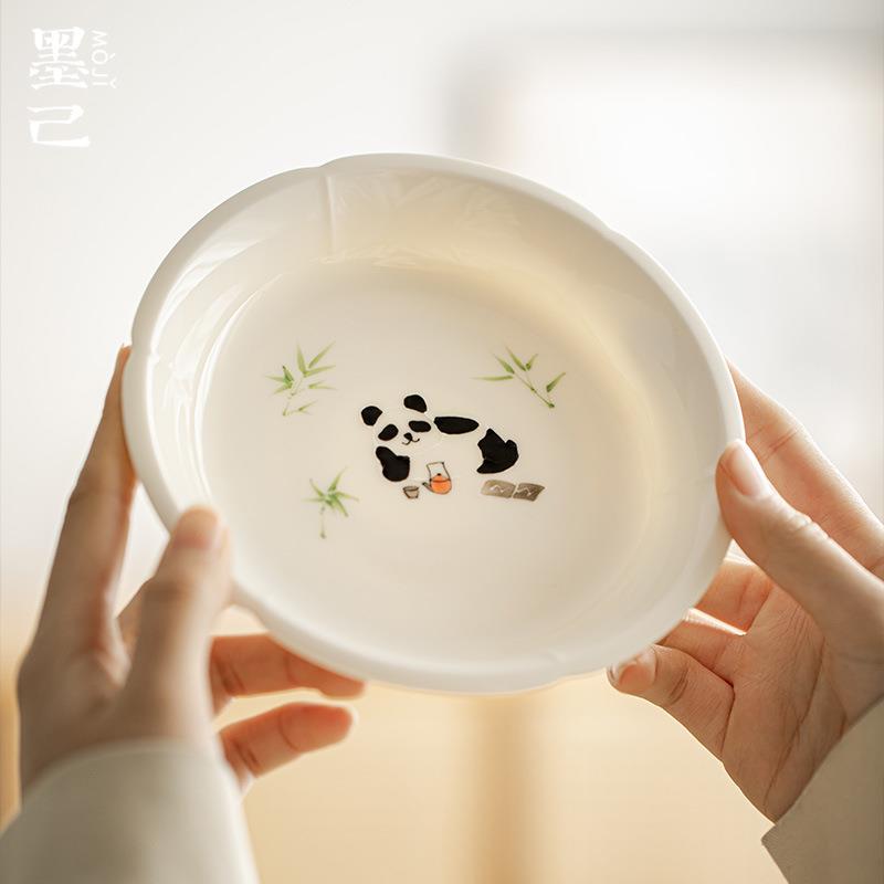 墨己 万物可爱 手绘熊猫陶瓷茶点盘 功夫茶具圆形现代干泡盘壶承