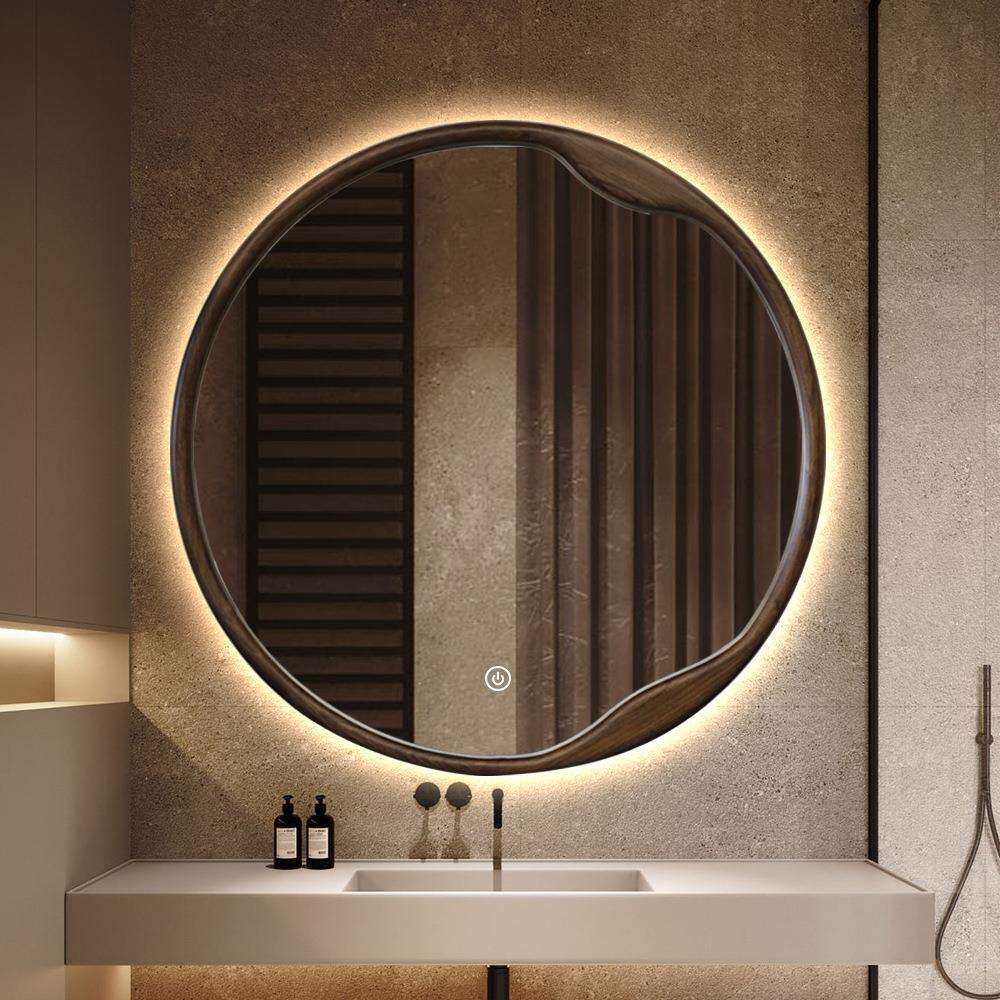 BOLEN圆形中古风实木智能浴室镜背面发光梳妆化妆镜卫生间圆镜子