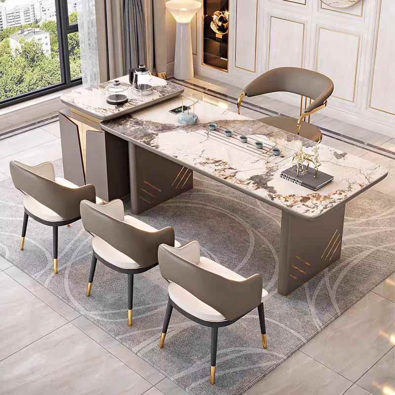 轻奢岩板茶台桌现代办公室岛台茶具烧水一体大板简约泡茶桌椅组合