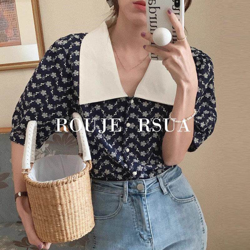 ROUJE RSUA法式夏季碎花衬衫上衣复古大翻领撞色单排扣气质泡泡袖