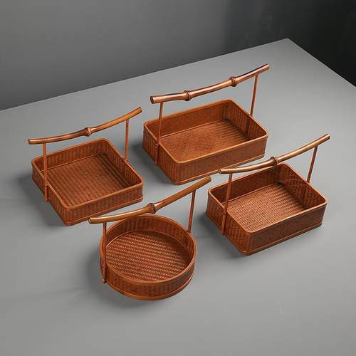 筇竹竹编提篮大漆复古手提果篮收纳篮日式点心盘茶具收纳盒整理筐