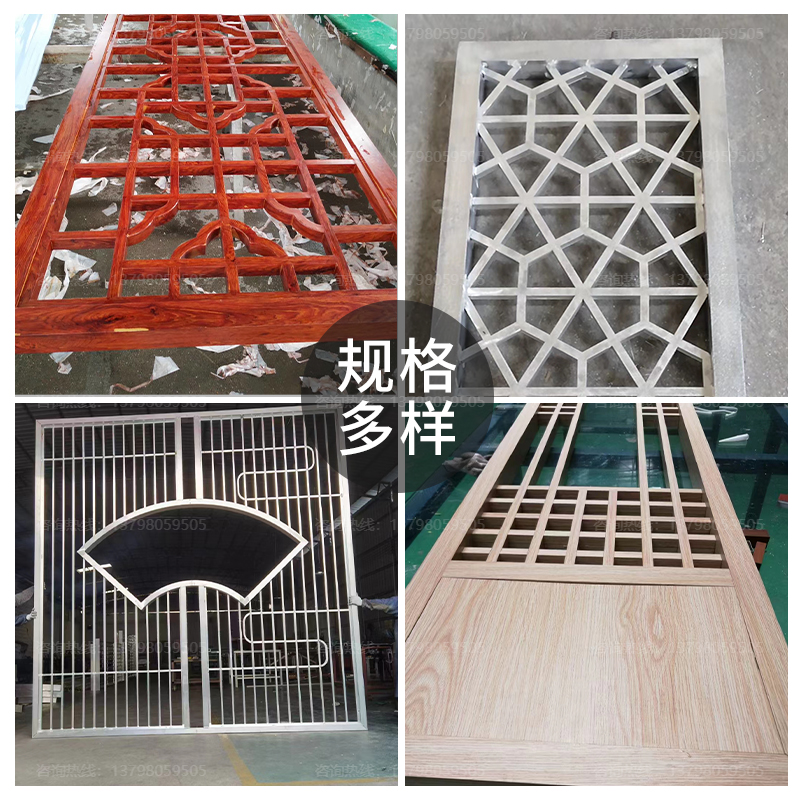铝窗花格厂定制仿木纹复古中式铝屏风回字纹铝单板铝门楣角花挂落