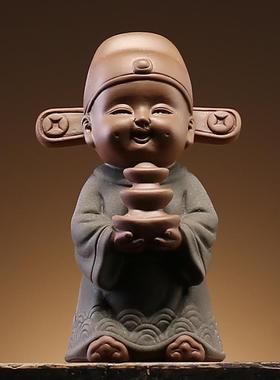 正品创意紫砂桌招财手工摆件旺财童人物家子居博古办架公室面装饰