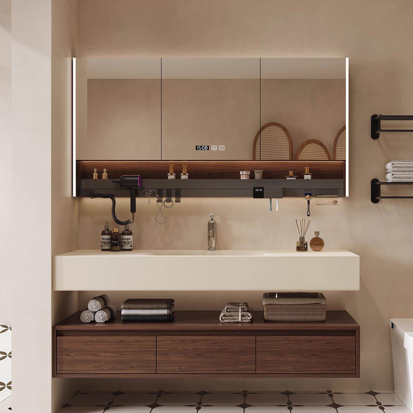 中古风浴室柜组合可可奶油岩板热弯一体盆卫生间智能洗漱台洗手盆