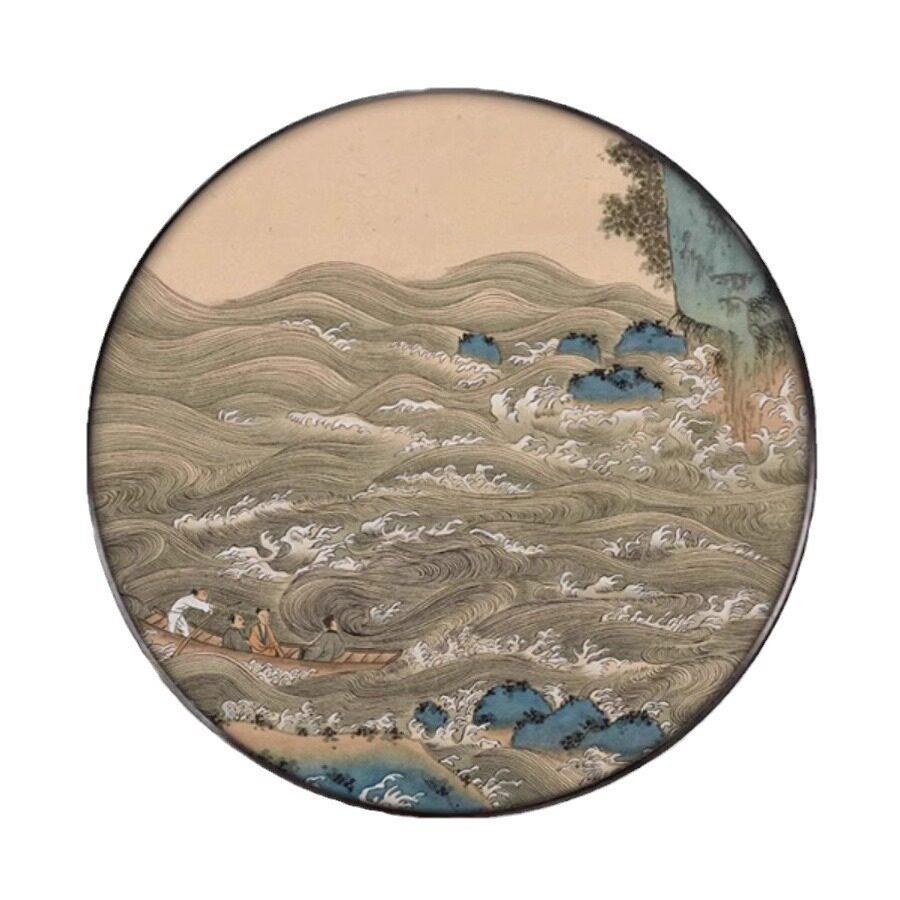 新中式酒店大堂圆形挂画客厅茶室玄关走廊壁画国风山水楼阁装饰画