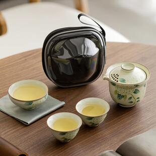 米黄汝窑便携式茶壶陶瓷户外旅游功夫茶具复古手抓壶旅行茶具套装