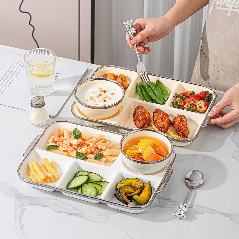 一人食分格餐盘大人减脂月子餐具家用陶瓷高档快餐盘早餐盘分格盘