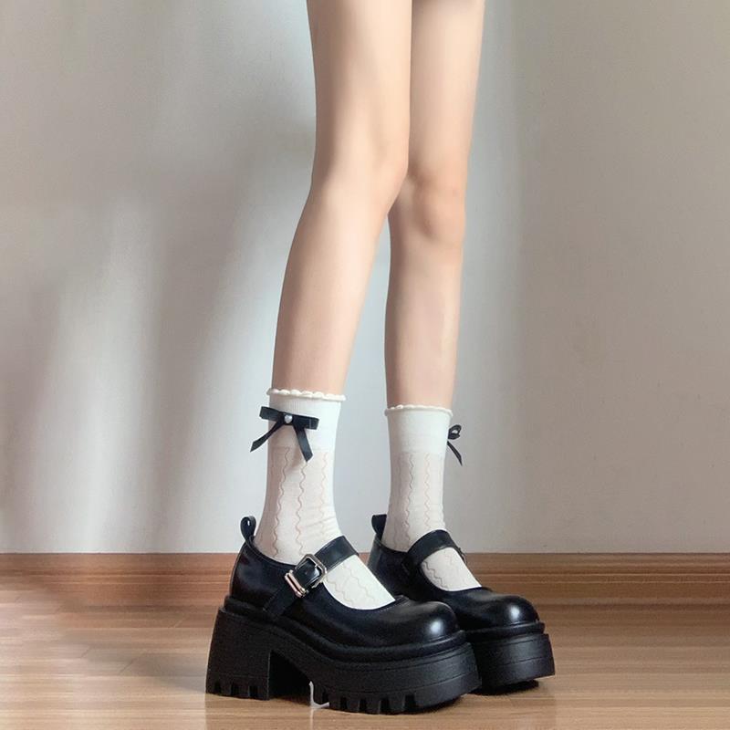 白色玛丽珍袜子配小皮鞋木耳花边短筒袜女夏季薄款蝴蝶结jk小腿袜