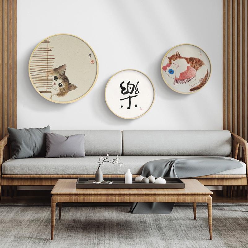 日式原木风客厅装饰画圆形猫咪挂画北欧餐厅玄关过道走廊晶瓷壁画图片