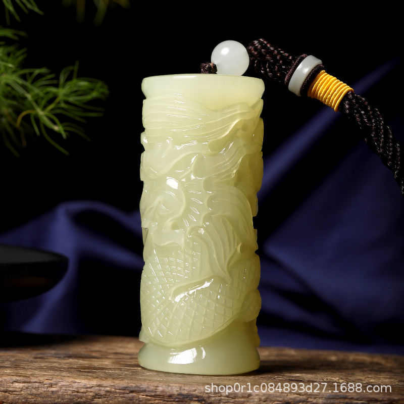 冰种阿富汗玉龙柱手把件男士盘龙柱辈辈福青白玉手玩件把玩件把玩