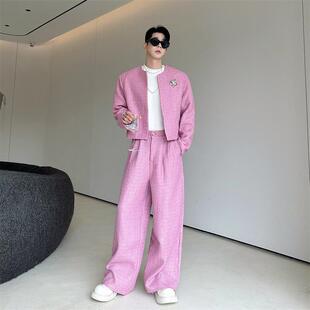 秋冬装韩国ins呢料短款小香风外套男金属配饰西服阔腿长裤一套装