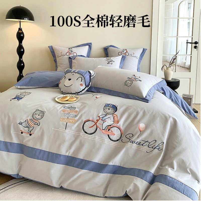 秋冬款儿童100支全棉磨毛四件套卡通加厚保暖被套床单三件套