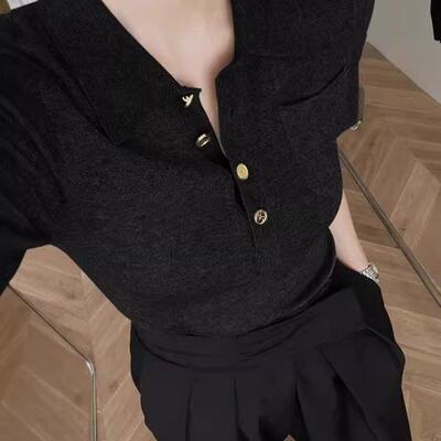 SOLAR/高级感黑色polo领正肩短袖t恤女夏冰丝针织衫翻领法式上衣