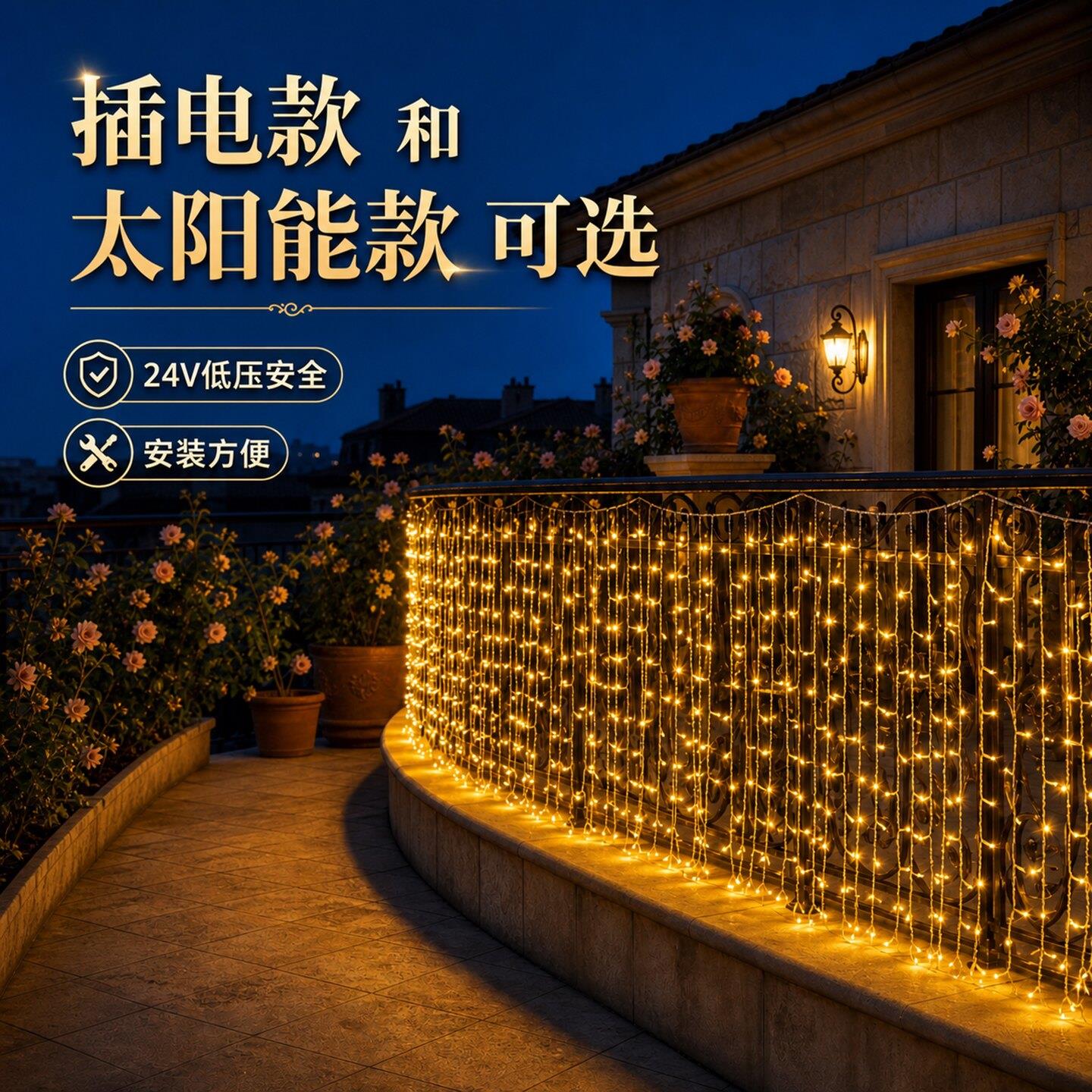 低压瀑布灯太阳能户外防水庭院装饰氛围灯阳台栏杆灯带露台小彩灯