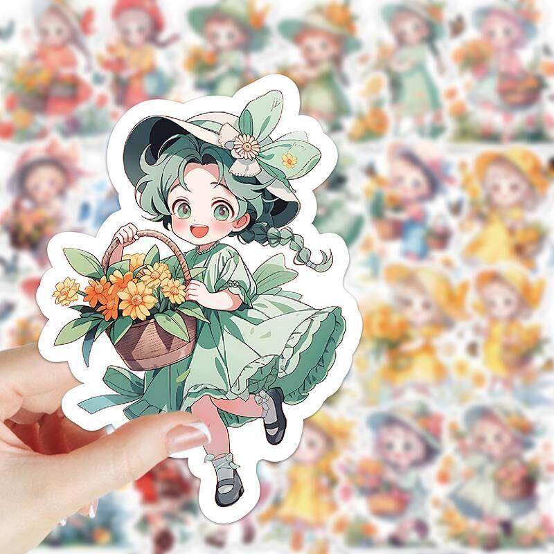 60张小纽扣卡通人物贴纸小女孩手机ins手账水杯装饰diy可爱贴画