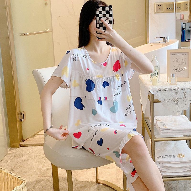 大码东方绸套装棉球短袖中裤短裤东风粘稠防突点棉绸睡衣女款夏装