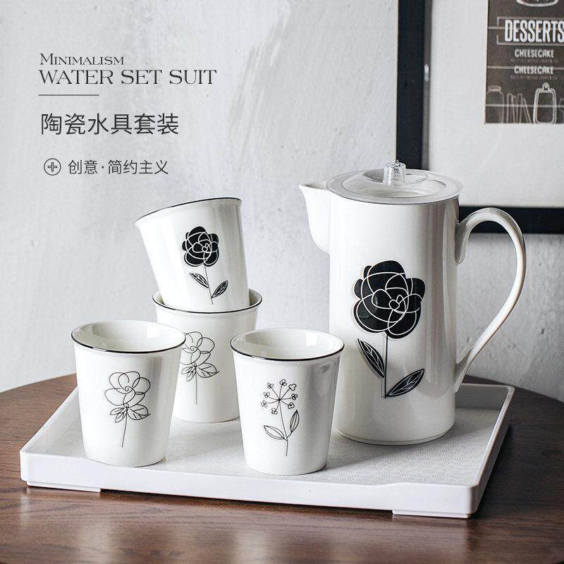 新品北欧黑色描边陶瓷凉水壶套装家用客厅水杯茶杯凉水杯具带托盘