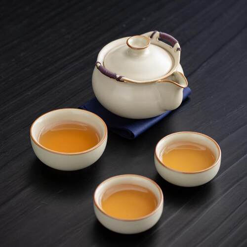 米黄汝窑旅行茶具套装一壶三杯套装户外露营便携式快客杯礼品
