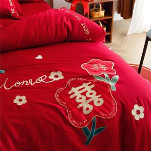 浪婚长漫绒棉结婚件四套喜ME乐刺绣大红庆被套喜褥床上用品