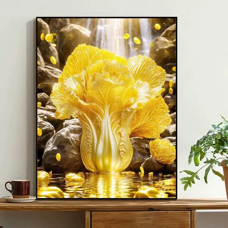 百财纳福新款5d钻石画寓意好餐厅金色白菜招财砖石绣十字绣高级感