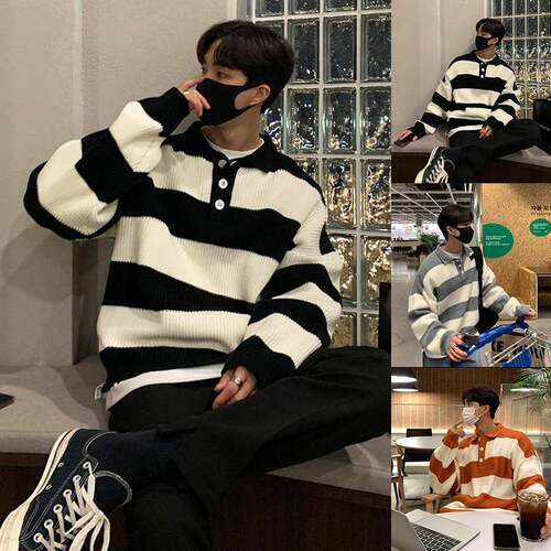 Men's Pattern Striped Print Knit Polo Sweater, Knitwear