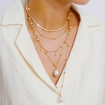 Vintage Pearl Metal Chain Necklace复古珍珠金属链条项链女饰品