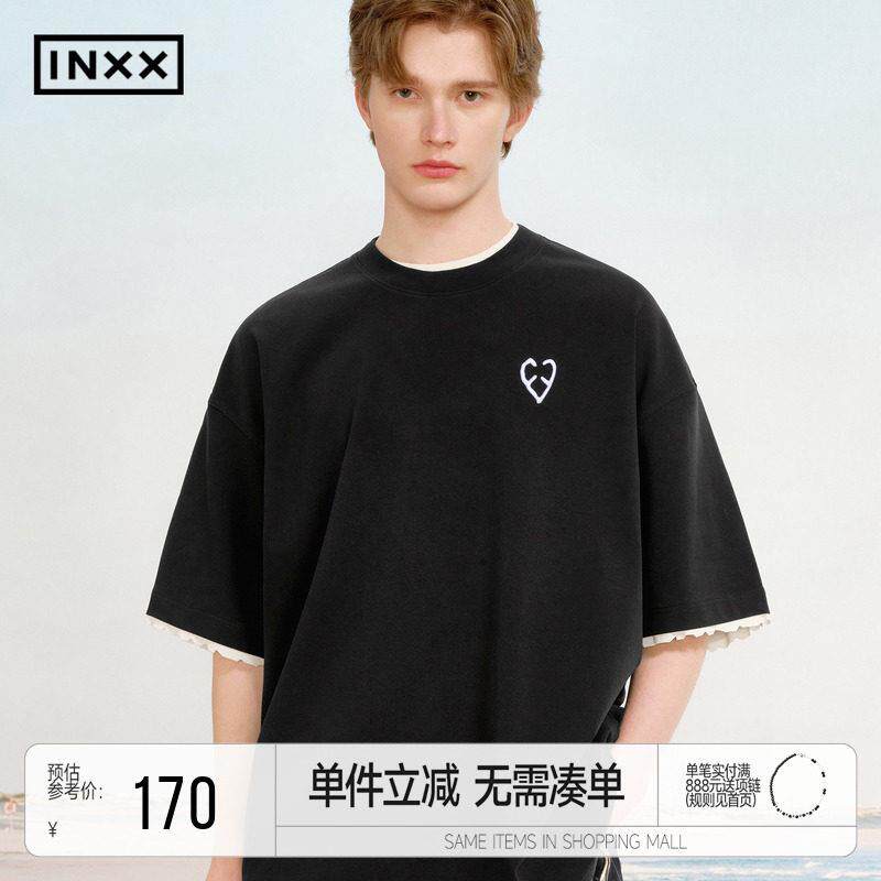 INXX凉感假两件撞色T恤男复古剪破毛边不对称圆领短袖上衣女