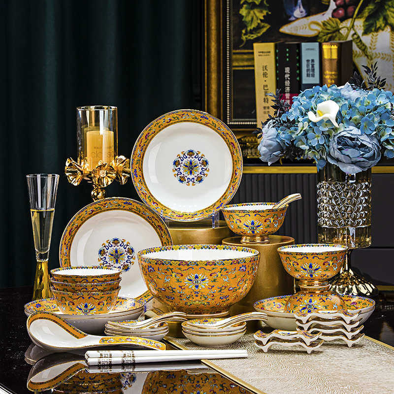 T5LP景德镇金边青花瓷骨瓷碗盘碗碟组合家用吃饭餐具酒店摆台自由