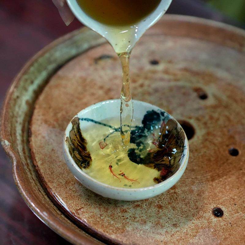 亦紫陶茶具 粗陶普洱杯手绘青花茶碗 古陶釉里红品茗杯荷花主人杯