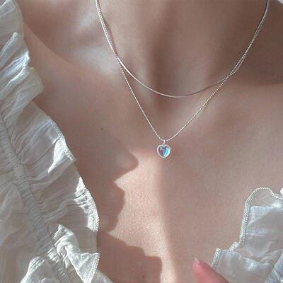 necklaces women炫彩石心形吊坠颈炼 炼 叠戴双层爱心月光石项炼