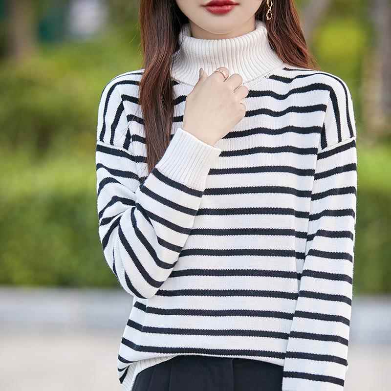 MONLOUVE100%纯线加厚条纹毛衣女宽松高领针织衫打底衫保暖显瘦上